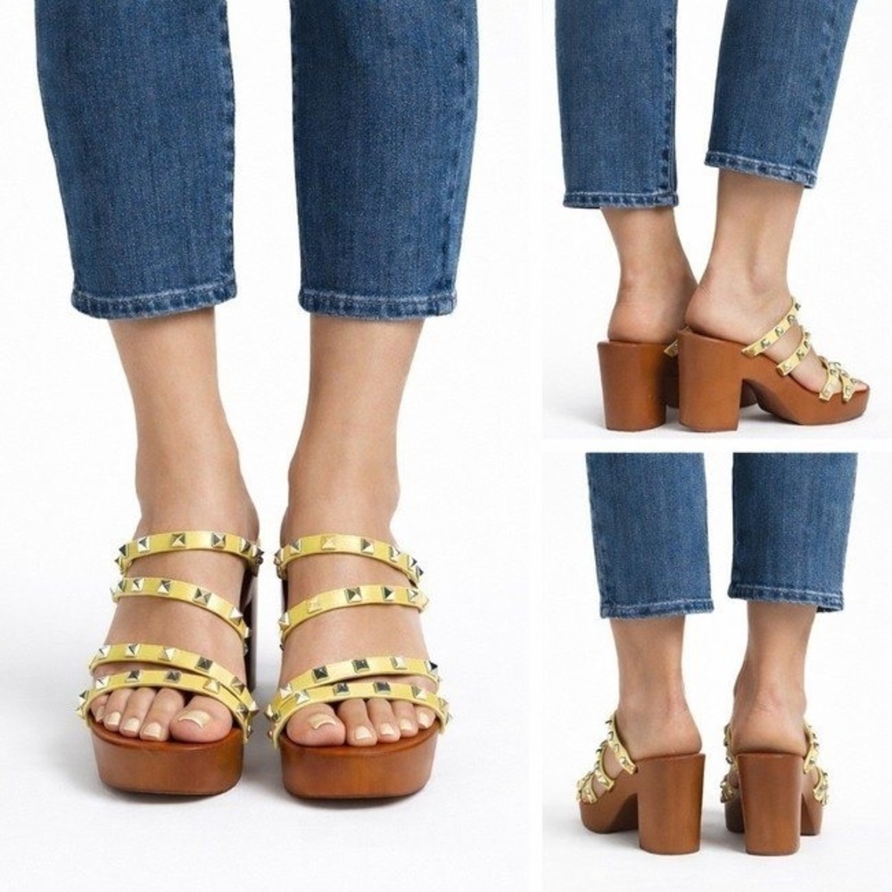 Madden wedges Studded platform pastel Yellow Slide Sandals‎ cute Womens 8.5 EUC